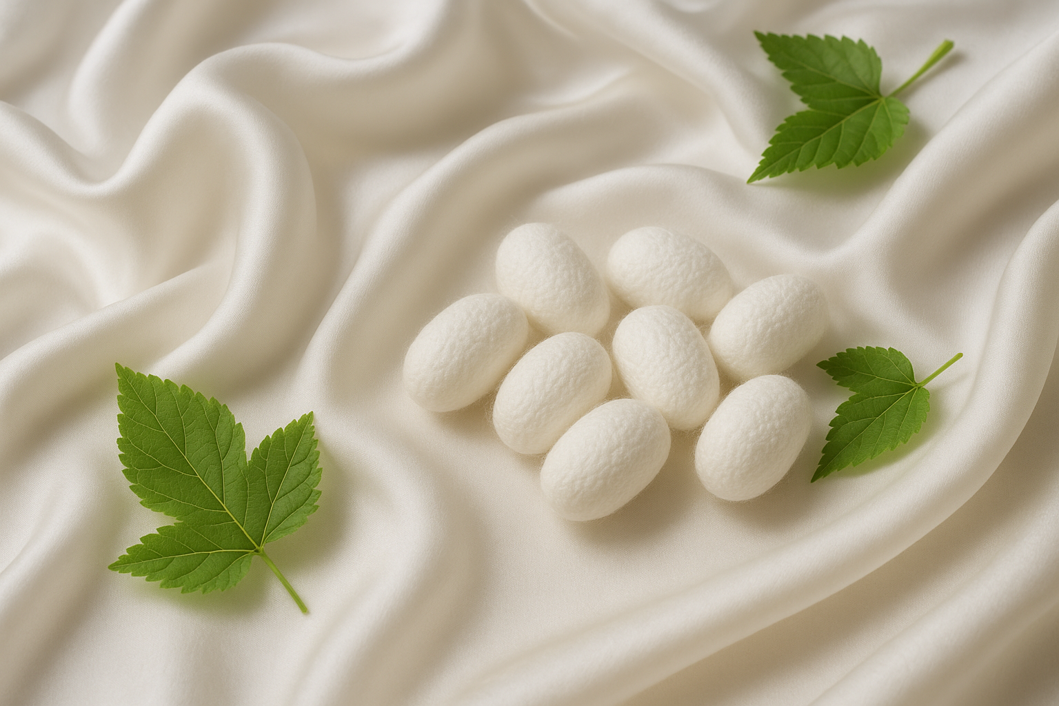 mulberry silk white silk, with silk coccoons in the forground and mulberry leaves