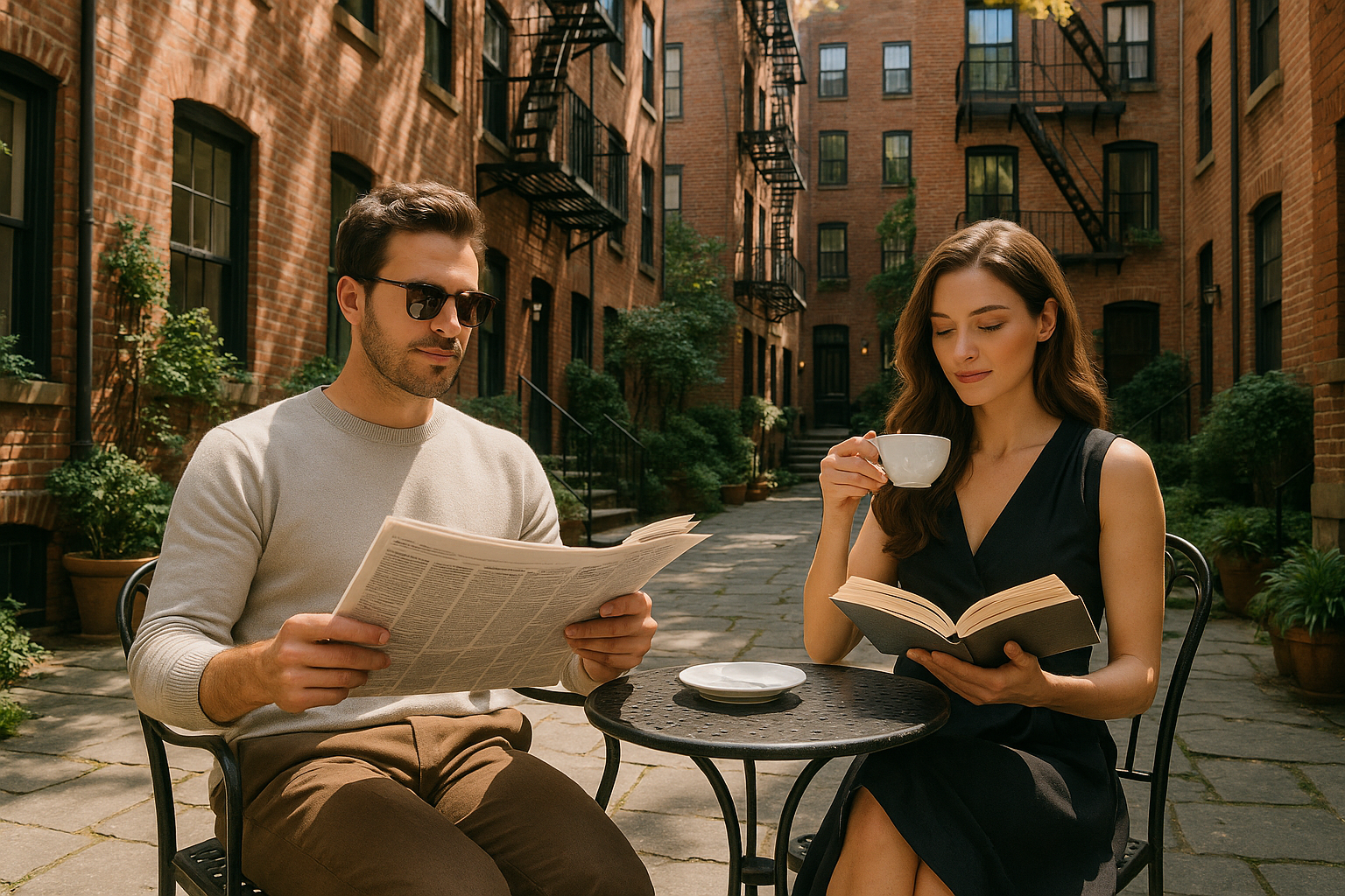 A super hot couple in their 30's in a new york courtyard. The guy has sunglasses on and is reading a newspaper, the woman is sipping a cup of tea and reading a book